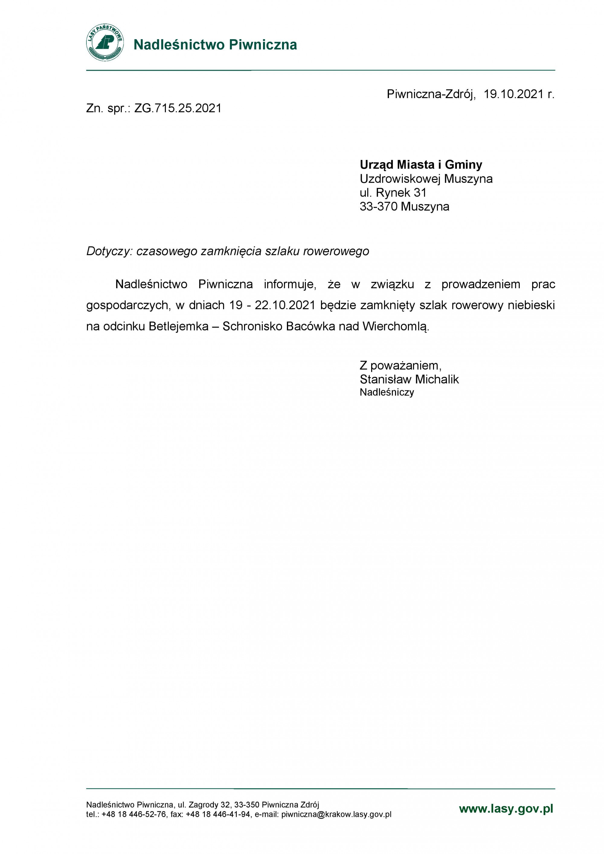 19-22.10.2021 r. niebieski szlak rowerowy zamknięty