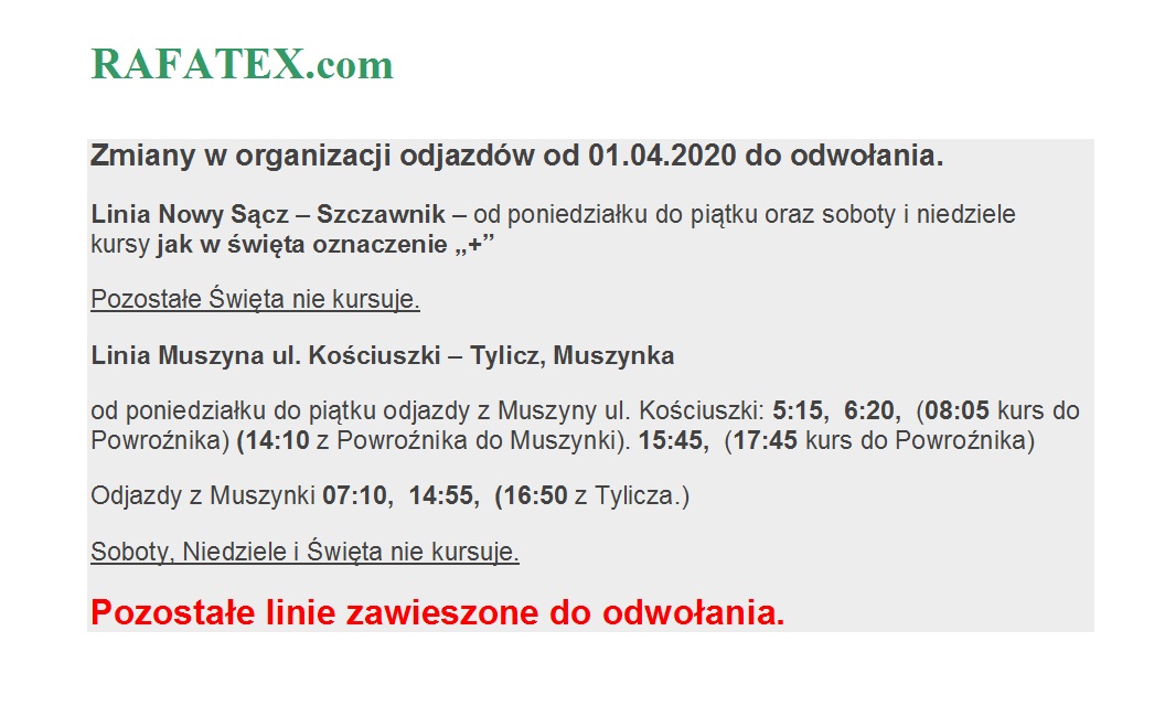 RAFATEX od 1 kwietnia zmiany rozkładów jazdy