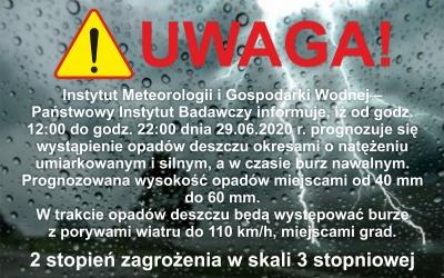 Ostrzeżenie przed wystąpieniem opadów deszczu okresami o natężeniu umiarkowanym i silnym, a w czasie burz nawalnym!