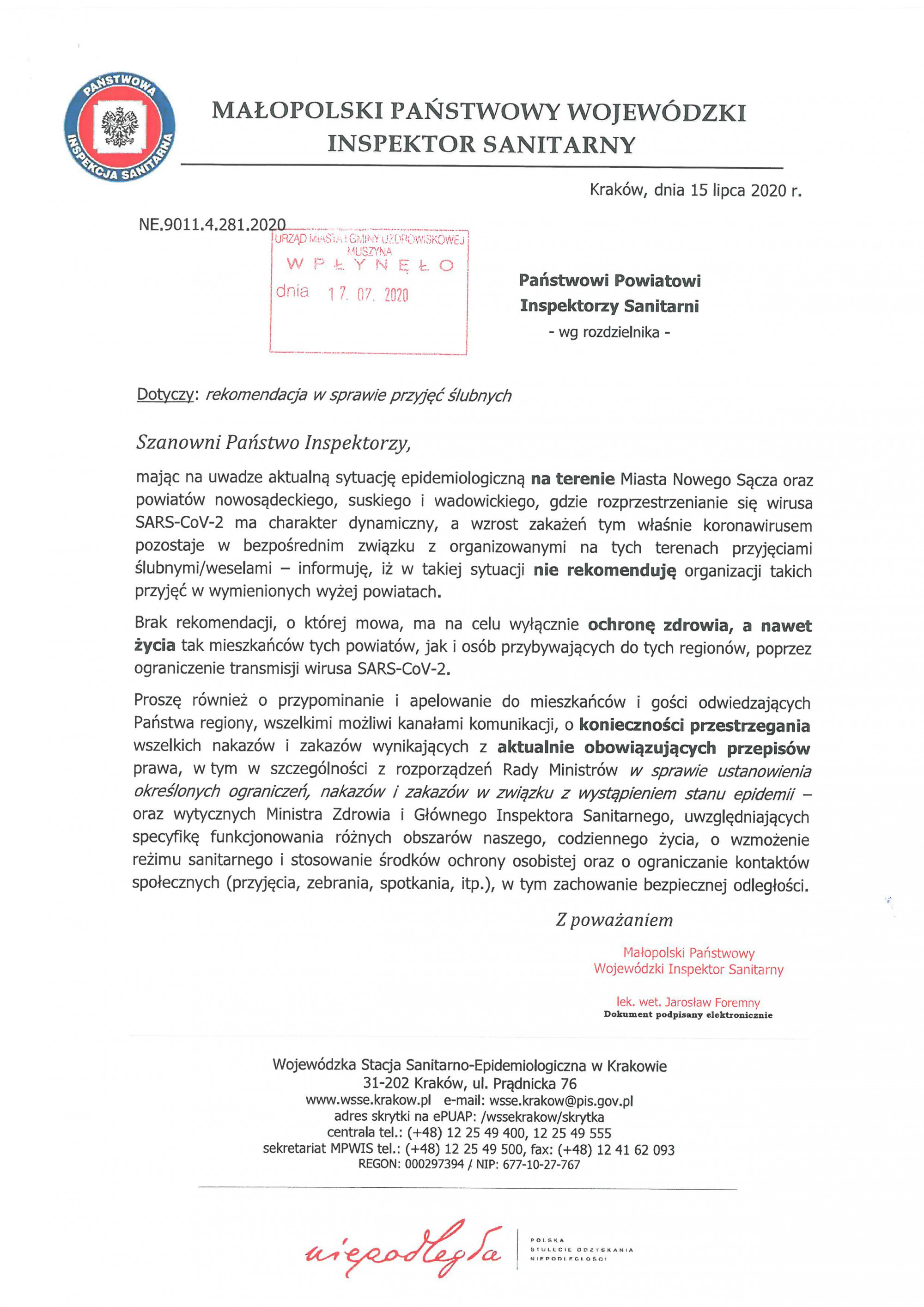 COVID-19 nowe rekomendacje wydane przez Małopolski Państwowy Wojewódzki Inspektorat Sanitarny oraz komunikat o dotyczący koronawirusa dla Powiatu Nowosądeckiego.