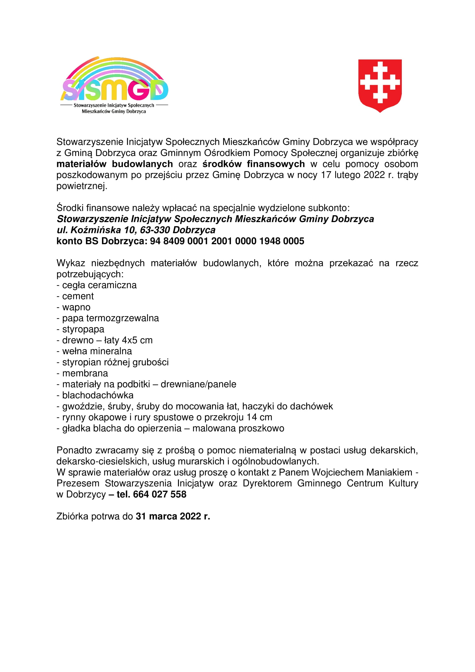 Zbiórka w celu pomocy osobom poszkodowanym po przejściu przez Gminę Dobrzyca w nocy 17 lutego 2022 r. trąby powietrznej