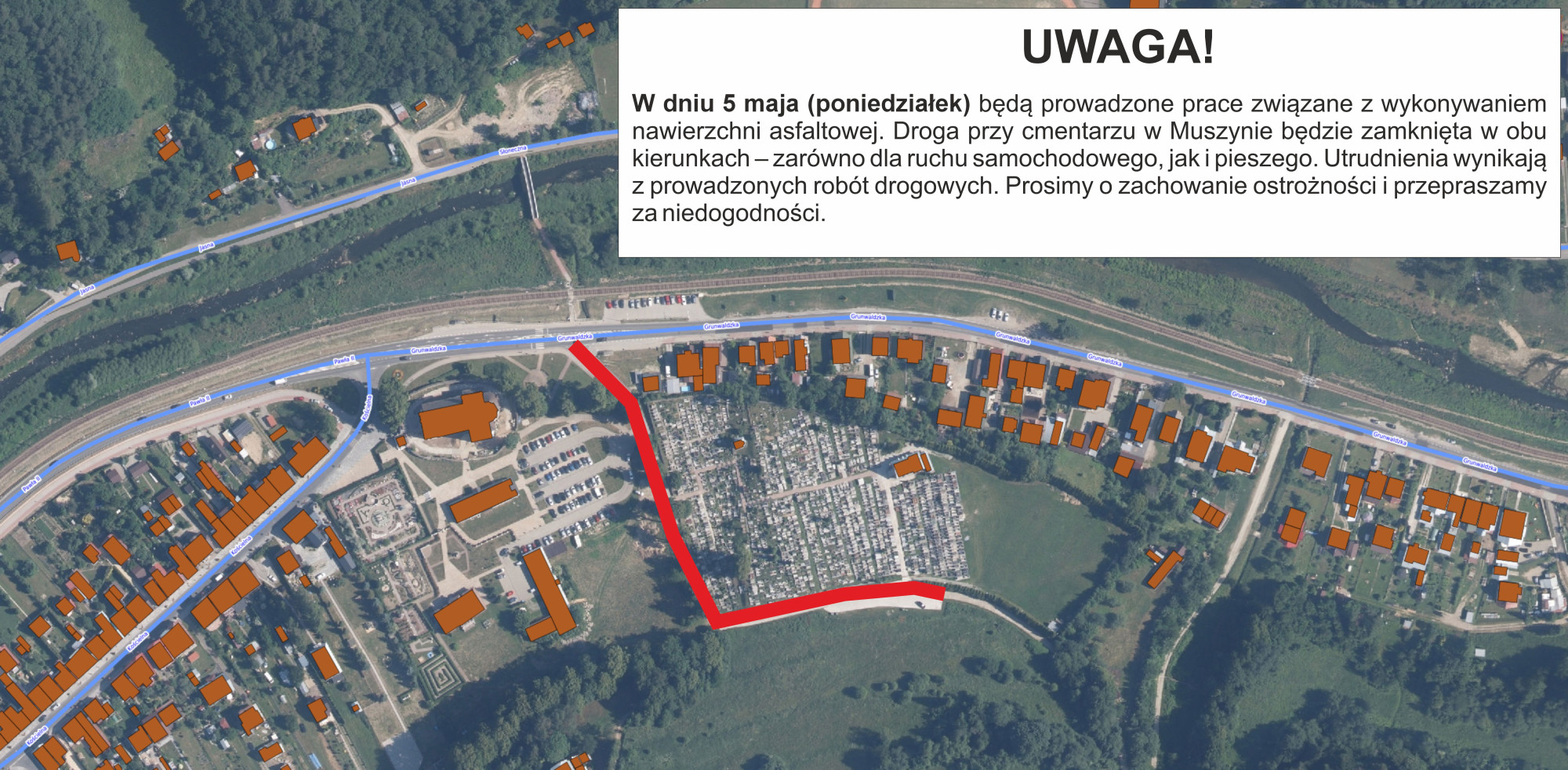 5 maja - utrudnienia w ruchu przy drodze na cmentarz w Muszynie