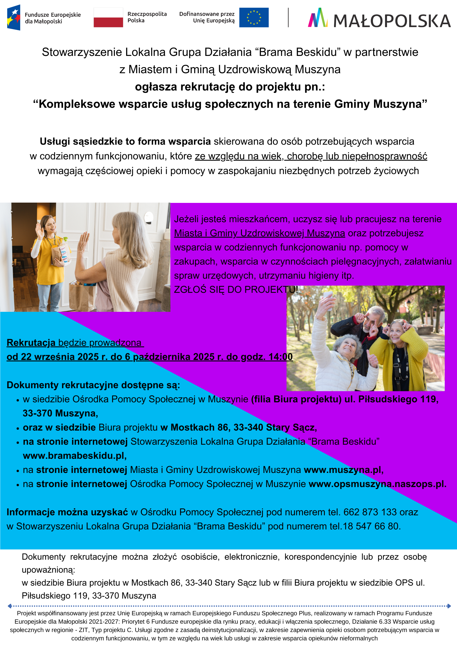 Rekrutacja do projektu pn.:”Kompleksowe wsparcie usług społecznych na terenie Gminy Muszyna”