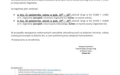 Komunikat o zamknięciu drogi w Żegiestowie