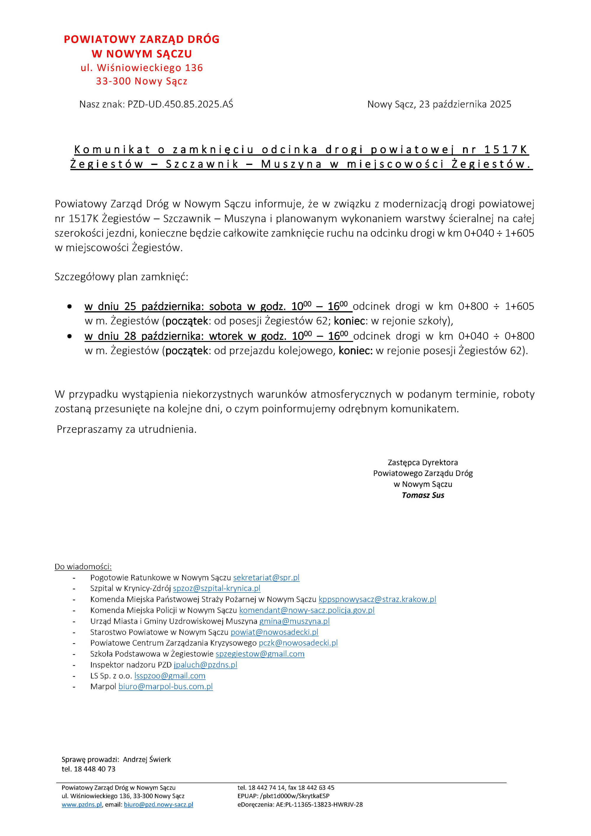 Komunikat o zamknięciu drogi w Żegiestowie