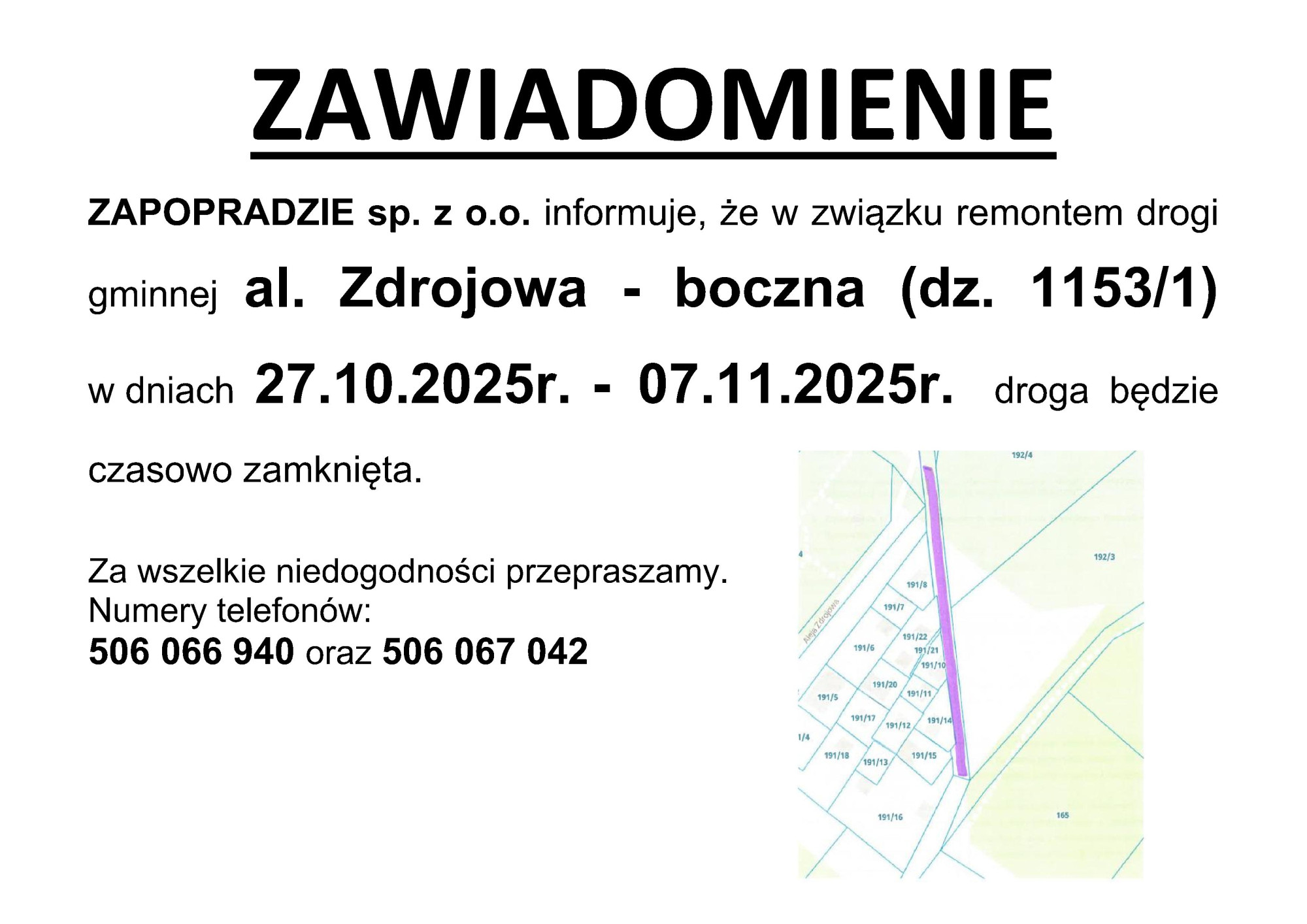 Al. Zdrojowa w Muszynie utrudnienia w ruchu od 27.10.2025 r. do 07.11.2025 r.