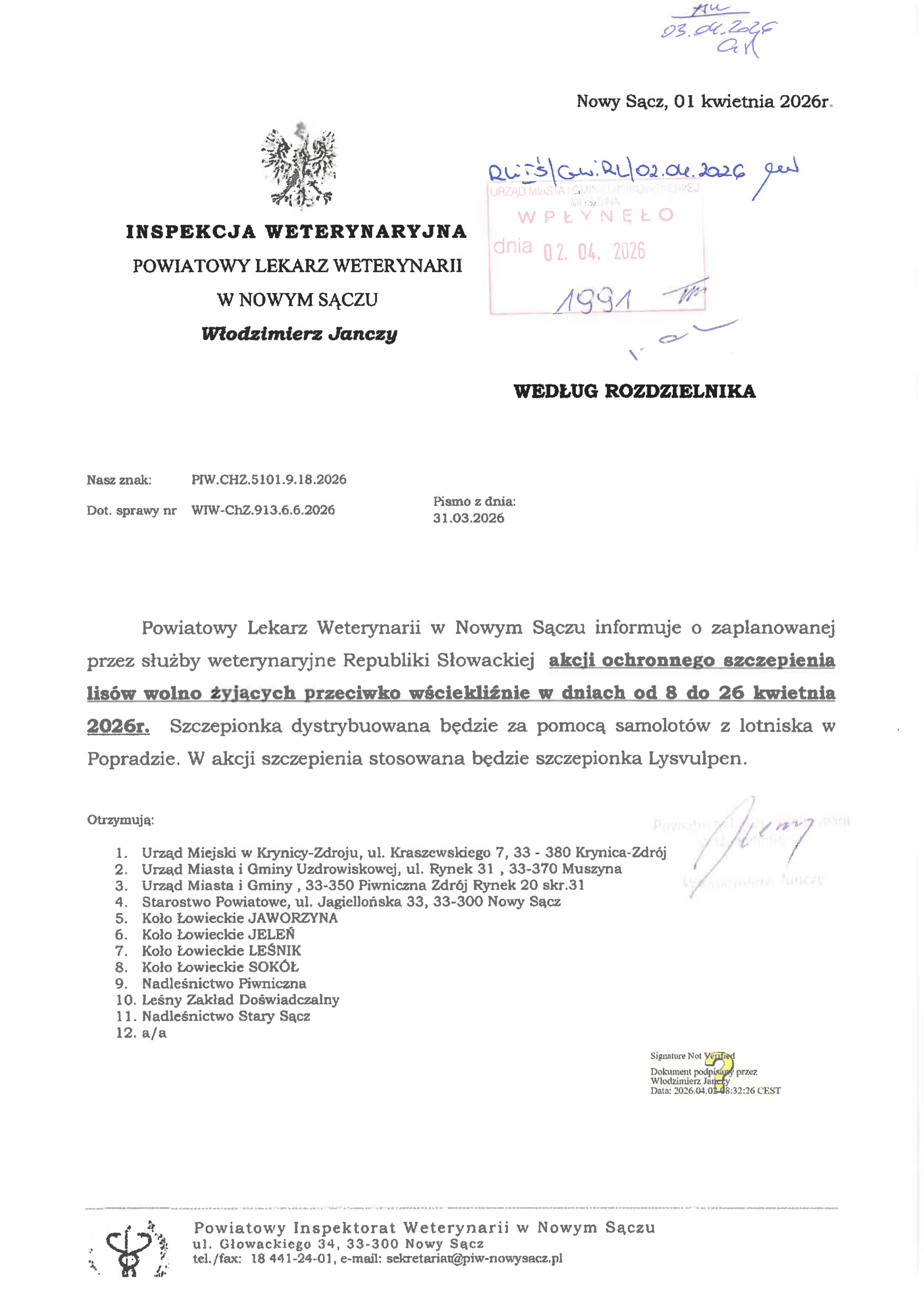 Akcja ochronnego szczepienia lisów wolno żyjących przeciwko wściekliźnie w dniach od 8 do 26 kwietnia 2026 r.