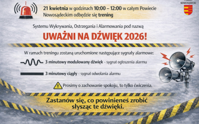 UWAGA! W dniu 21.04.2026 r. odbędą się ćwiczenia z Systemu Wykrywania, Ostrzegania i Alarmowania na terenie powiatu pn. 